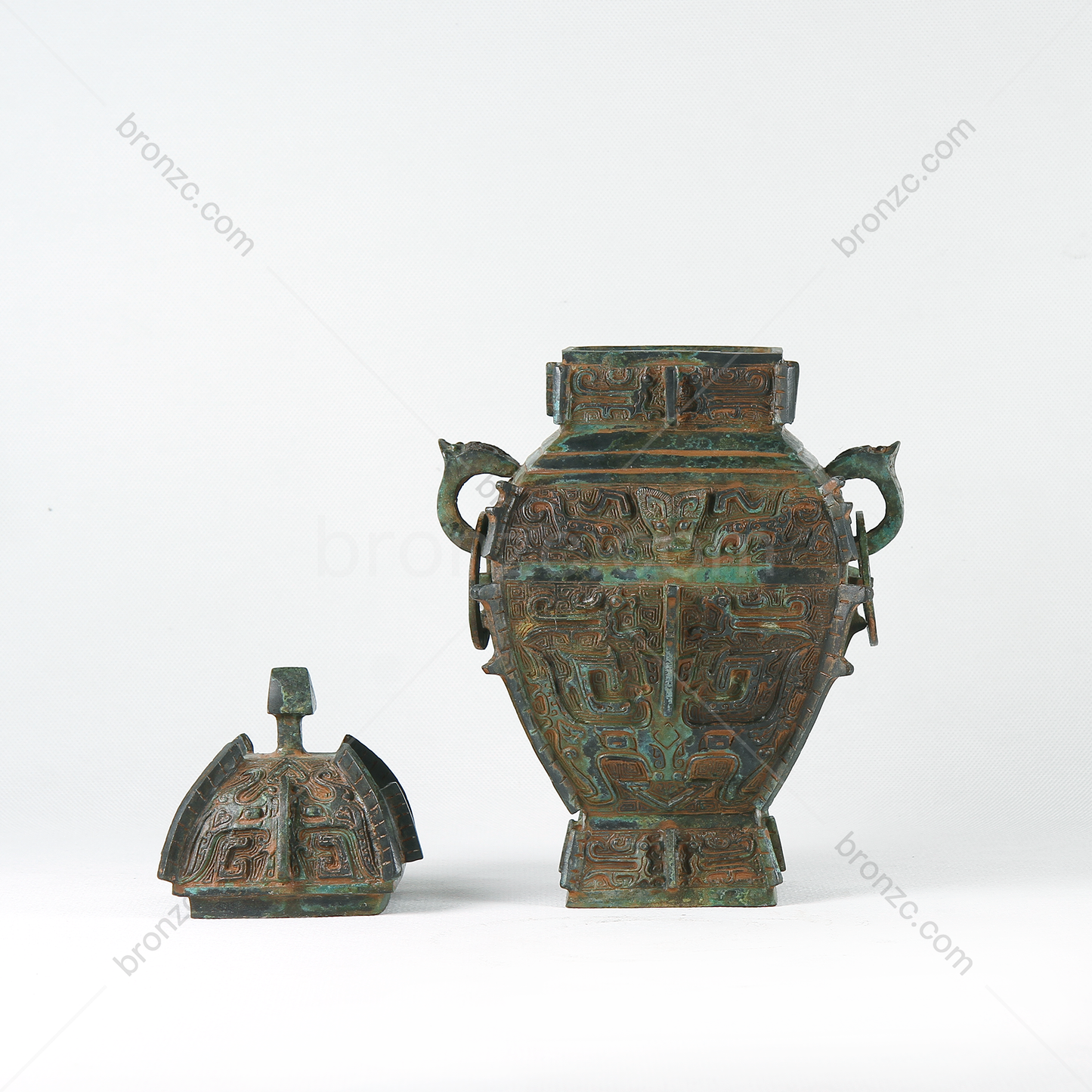 12.2" China Shang Dynasty,Bronze wine jar[Muda Fanglei][母鼓方罍]