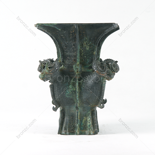 9" China Shang Dynasty Bronze with goat's head statue[Four-ram Square Zun][四羊方尊]