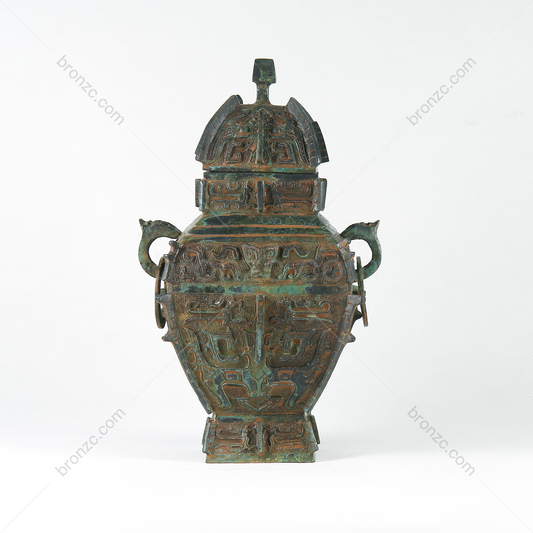 12.2" China Shang Dynasty,Bronze wine jar[Muda Fanglei][母鼓方罍]