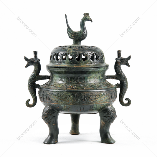 10.8" China Han Dynasty, Standing bird bronze incense burner[Standing bird incense burner with double dragon ears][双龙耳立鸟熏炉]