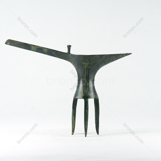 8.7" China Xia and Shang Dynasty Tall-footed bronze wine vessel [bronze jue with nipple pattern][乳钉纹青铜爵]