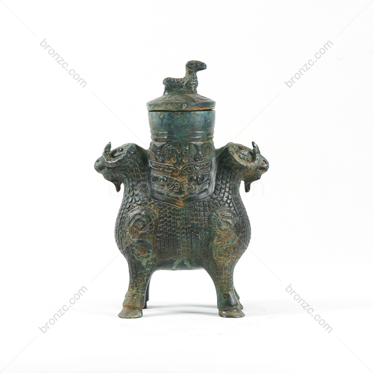 9.8" China Shang Dynasty,Double-ram-shaped bronze wine vessel[Double-ram Zun][双羊尊]